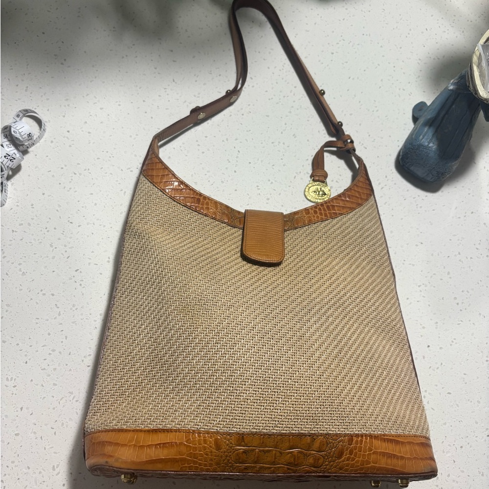 Brahmin Tan Canvas and Cognac Croc-Trim Shoulder Bag